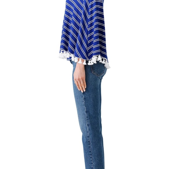 💛 EUC - Trina Turk Pomona Top Women size XL - One shoulder Tassels Blue White - Picture 7 of 10
